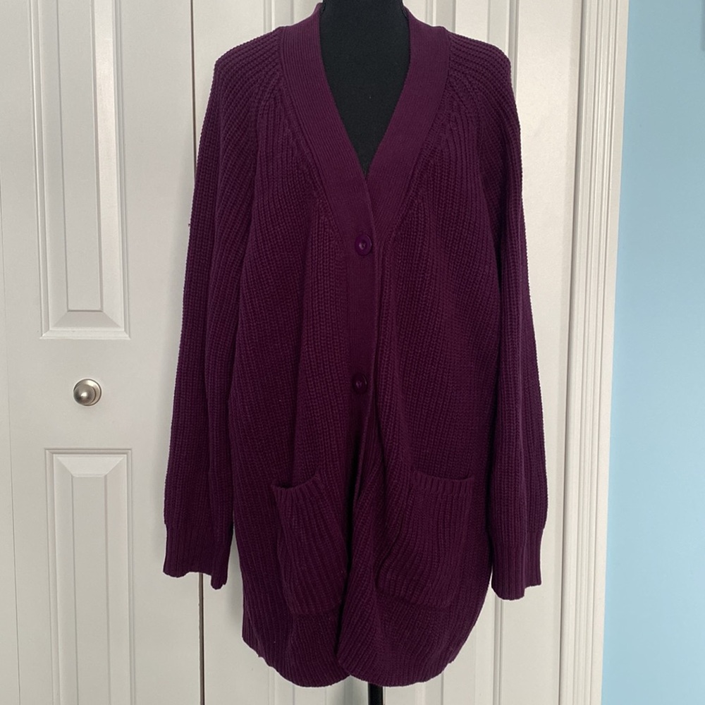 Woman Within 2X 26/28 Cable Knit Woven Purple Button Up Cardigan With Pockets - Picture 2 of 10